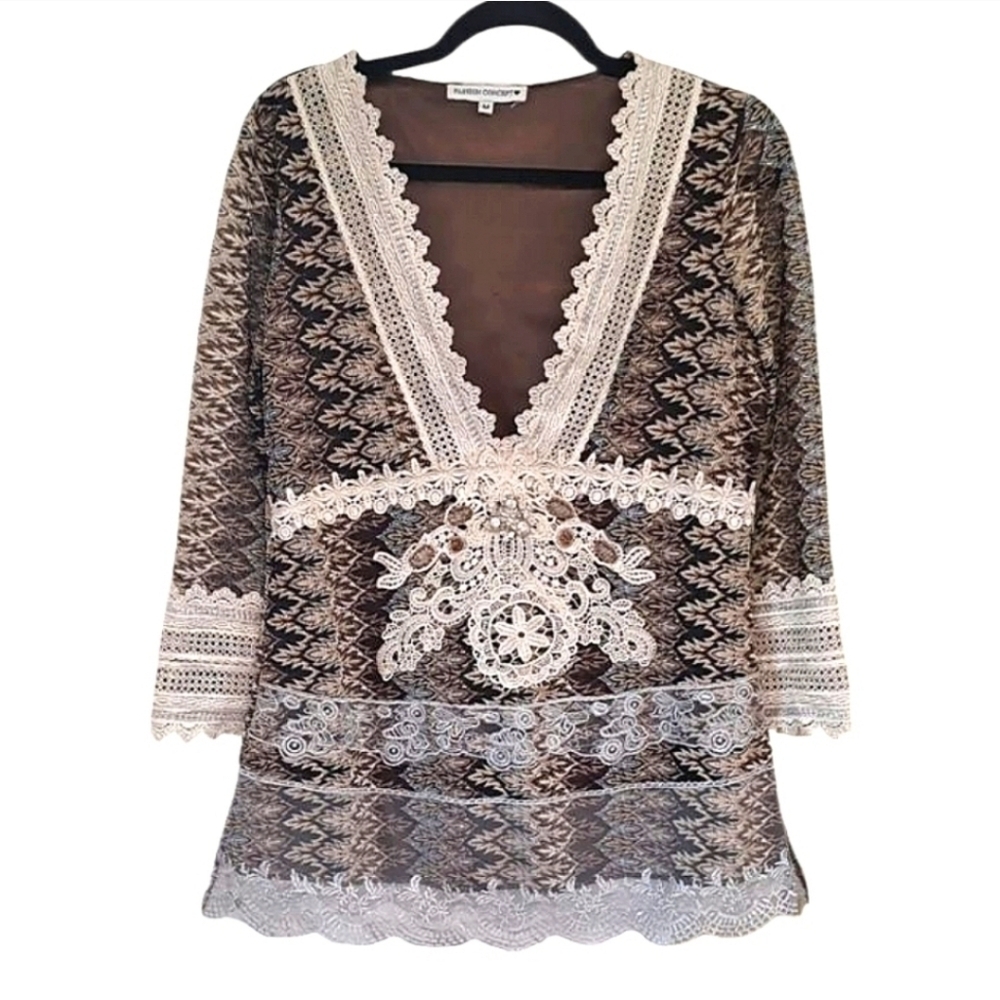 Passion Concept Brown and Cream Lace Tunic Blouse with V-Neck and 3/4 Sleeves - Picture 3 of 14